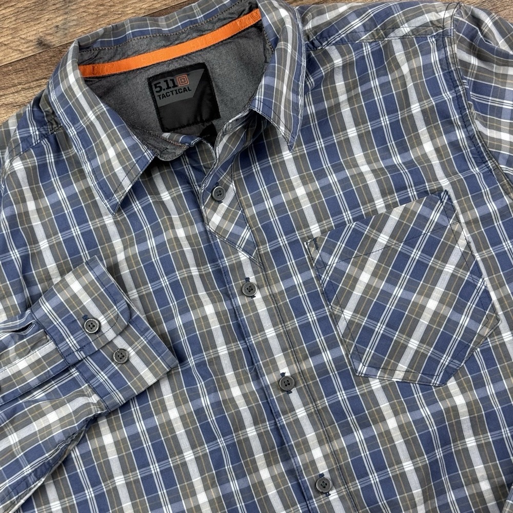 Mens Shirt Long Sleeve 5.11‎ Tactical Size M Blue Gray Plaid Snaps Inside Pocket